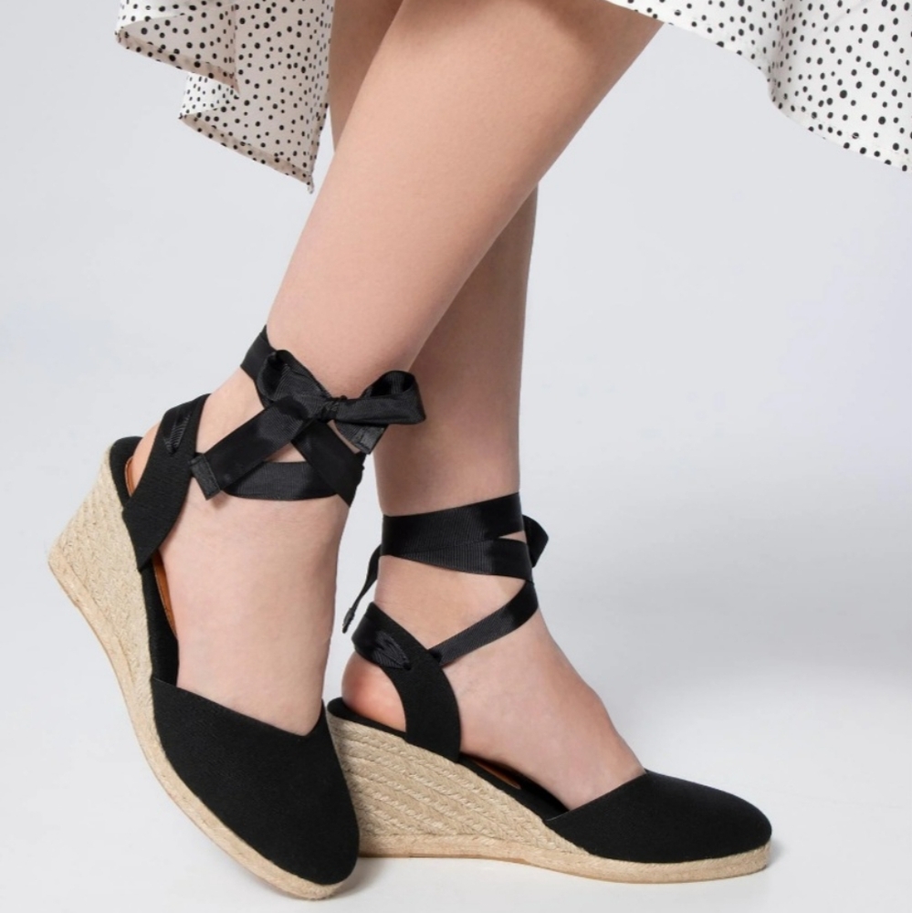 Express NWT Black Espadrille wedge wrap around ankle shoes - Picture 13 of 14